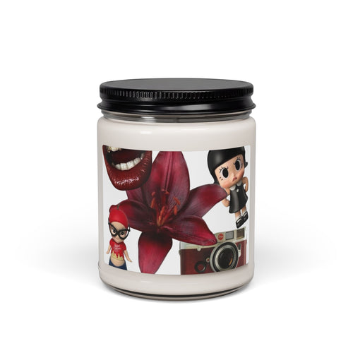 9oz Scented Soy Candle — Vintage Camera & Doll Collage (Floral Accent)