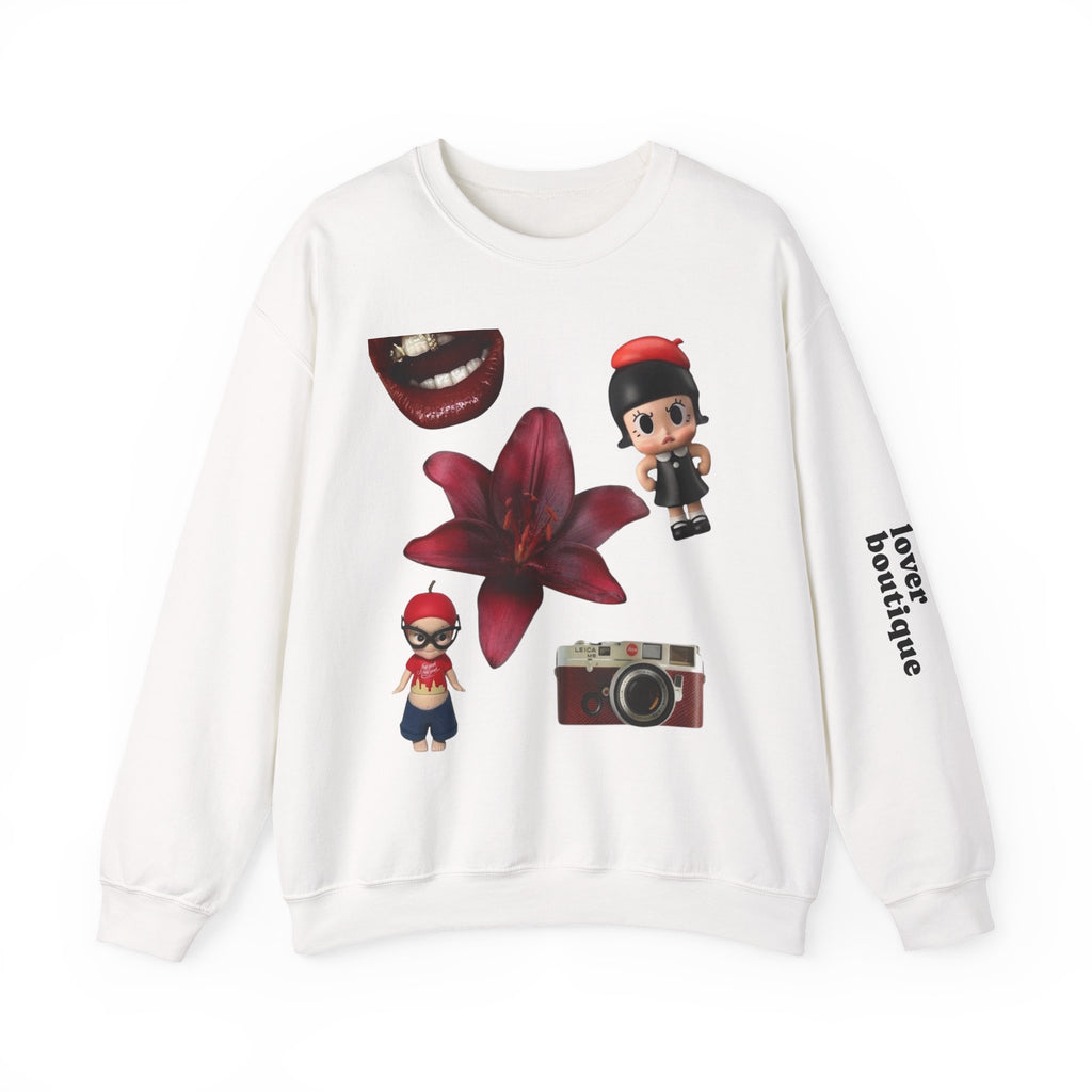 Graphic Crewneck Sweatshirt — Retro Vinyl, Floral & Toy Collage