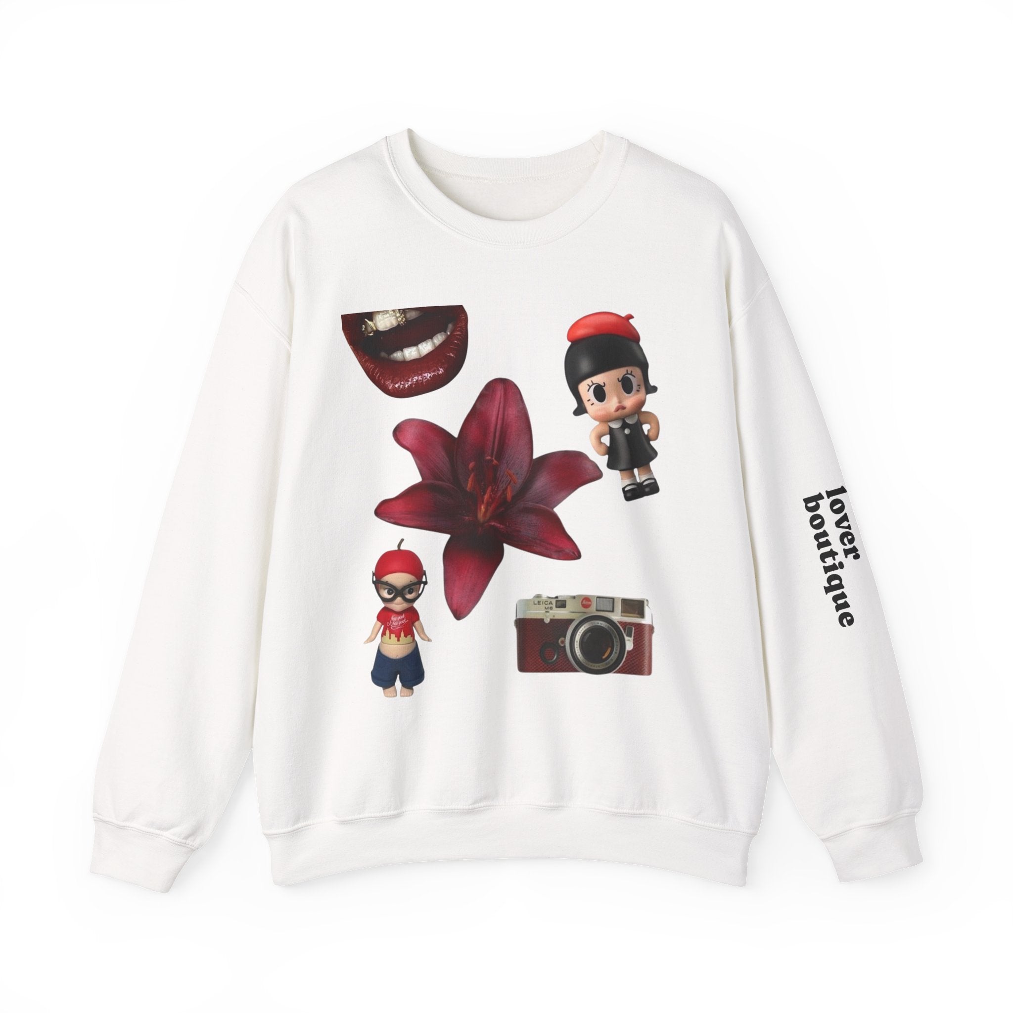 Graphic Crewneck Sweatshirt — Retro Vinyl, Floral & Toy Collage