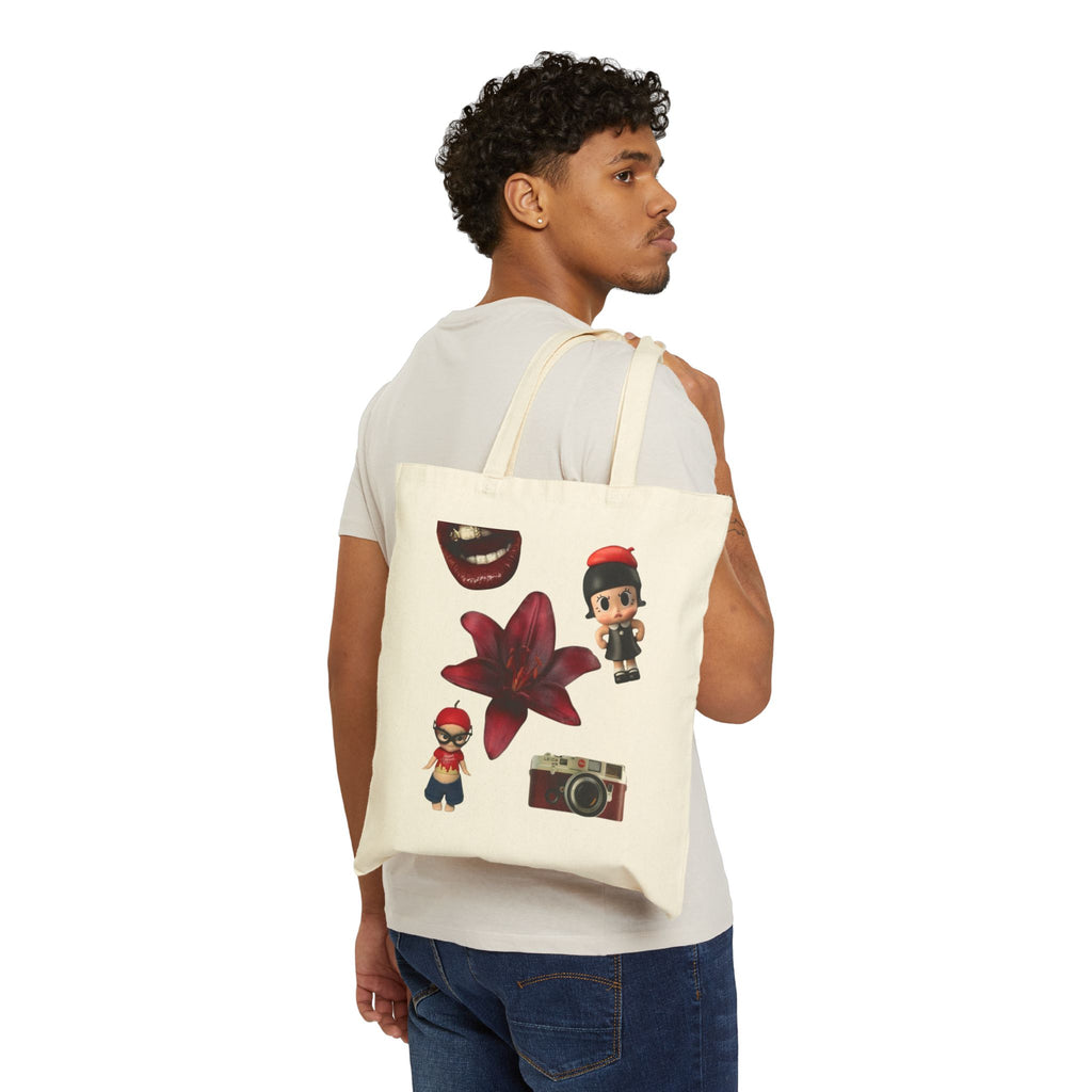 Vintage Camera & Cute Figurine Floral Tote Bag