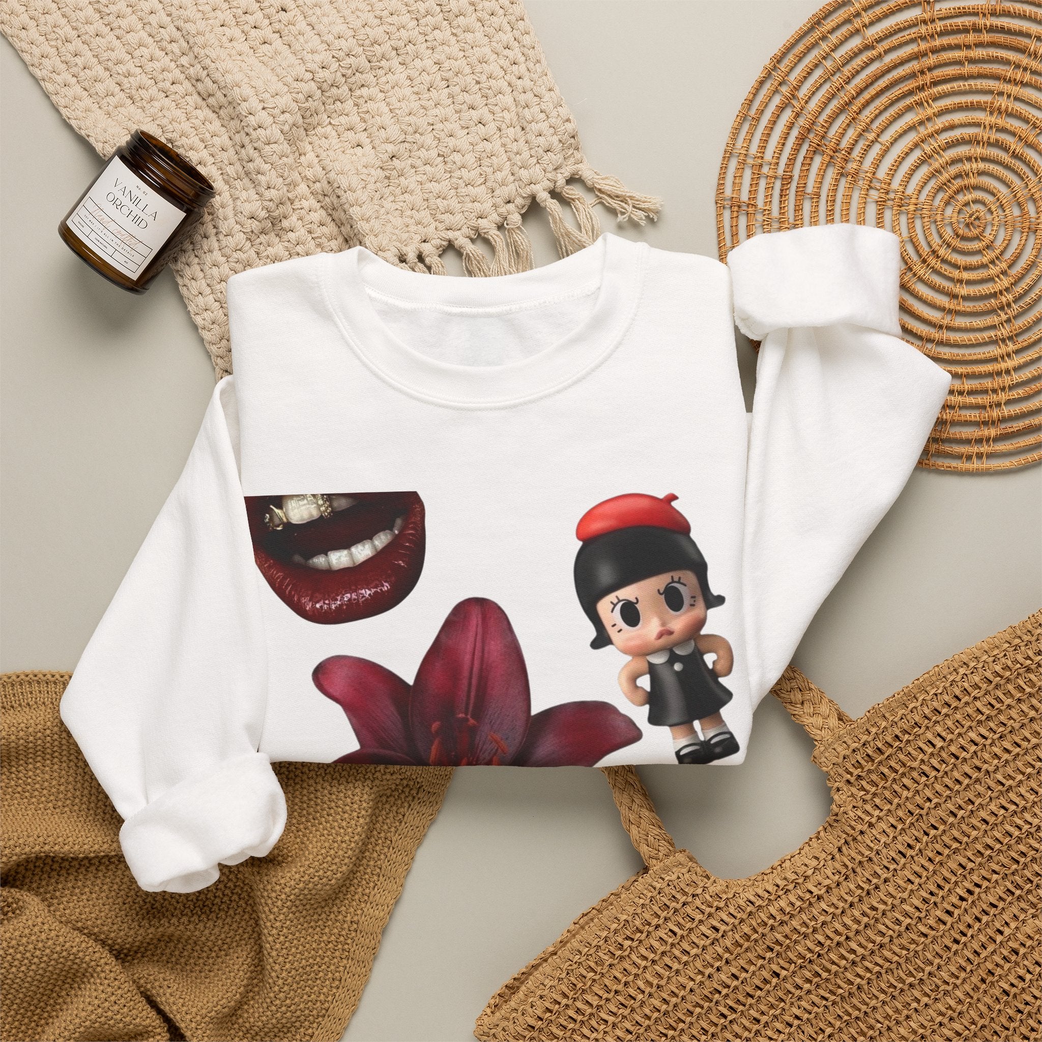 Graphic Crewneck Sweatshirt — Retro Vinyl, Floral & Toy Collage