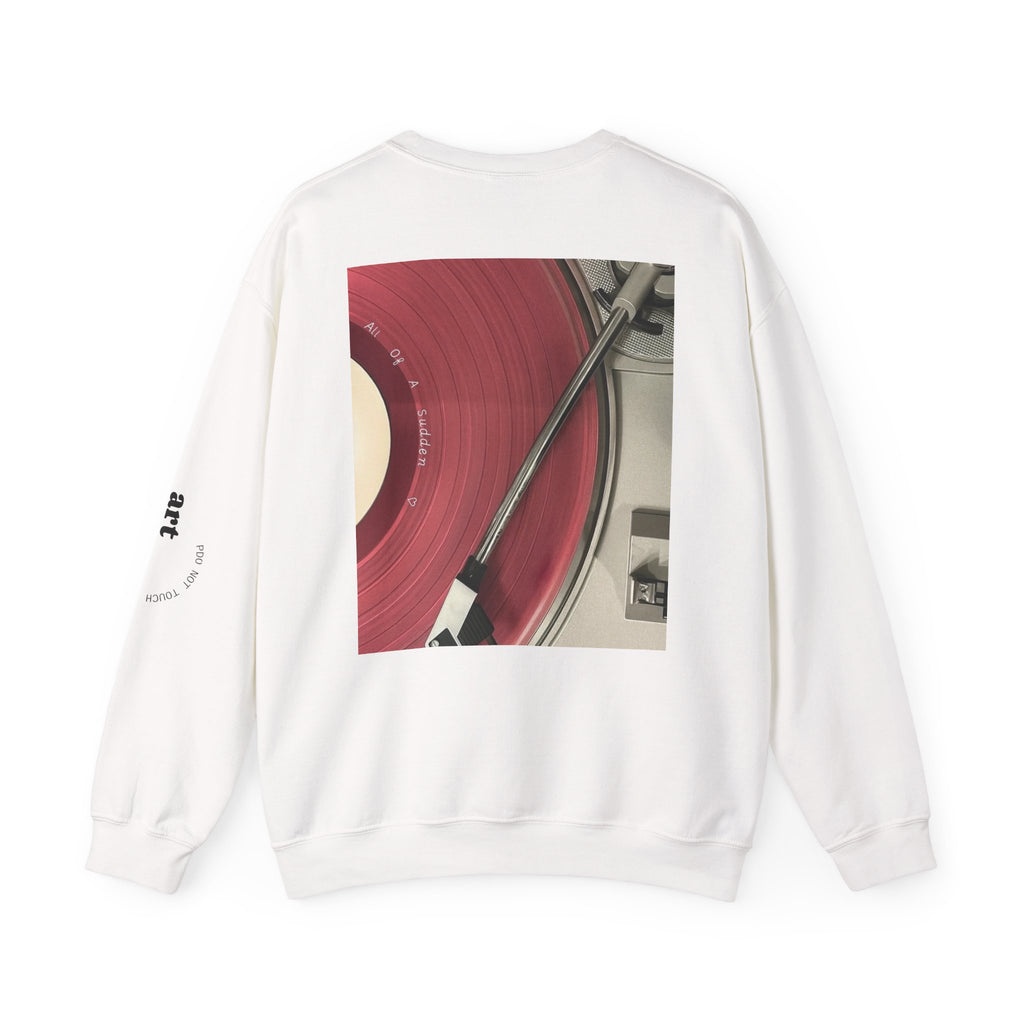 Graphic Crewneck Sweatshirt — Retro Vinyl, Floral & Toy Collage