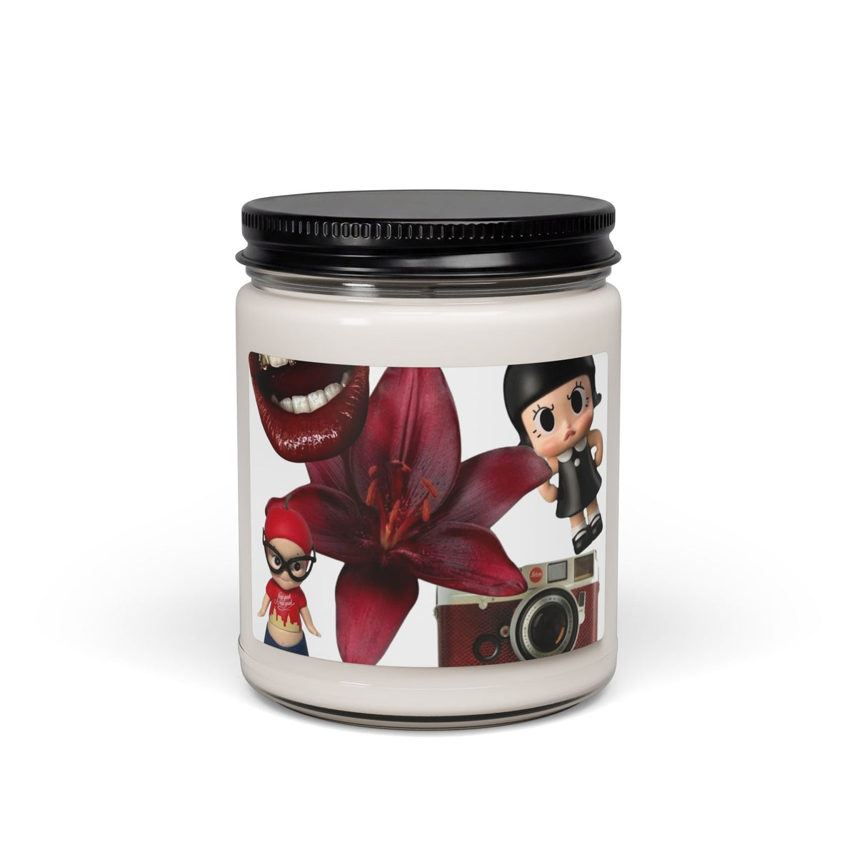 9oz Scented Soy Candle — Vintage Camera & Doll Collage (Floral Accent)