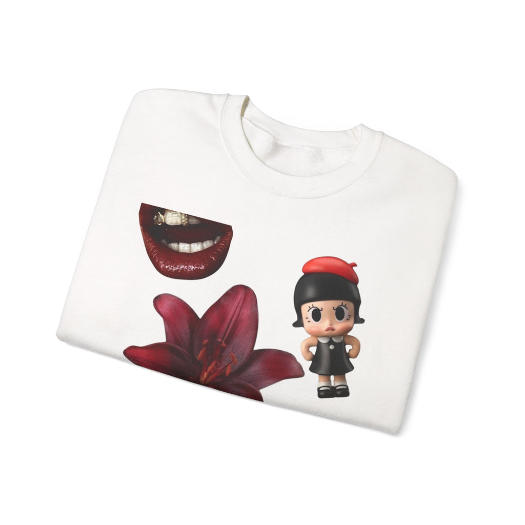 Graphic Crewneck Sweatshirt — Retro Vinyl, Floral & Toy Collage