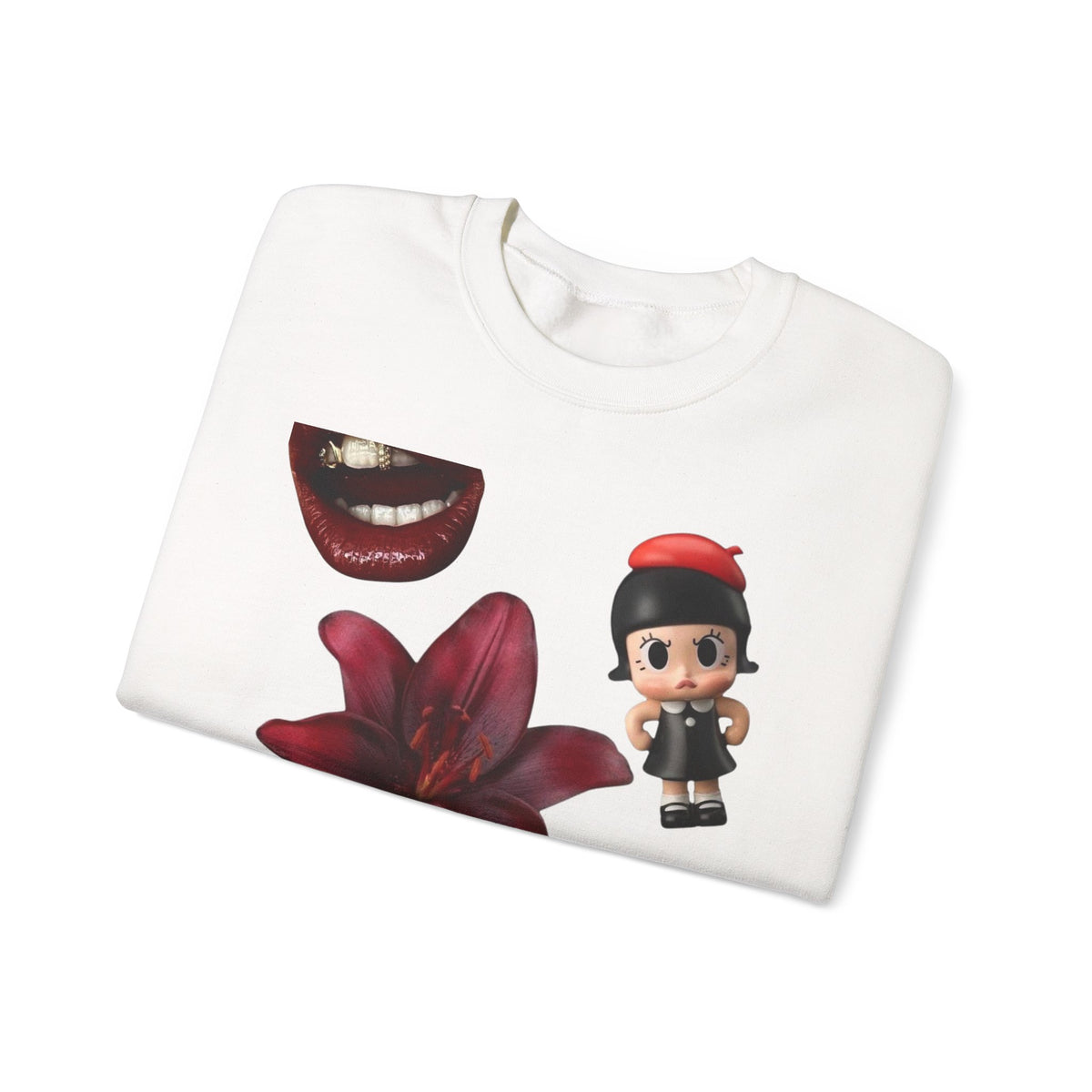 Graphic Crewneck Sweatshirt — Retro Vinyl, Floral & Toy Collage